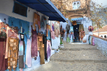 The street view of old medina of Chefchaouen that selling local produce and fresh fruit.