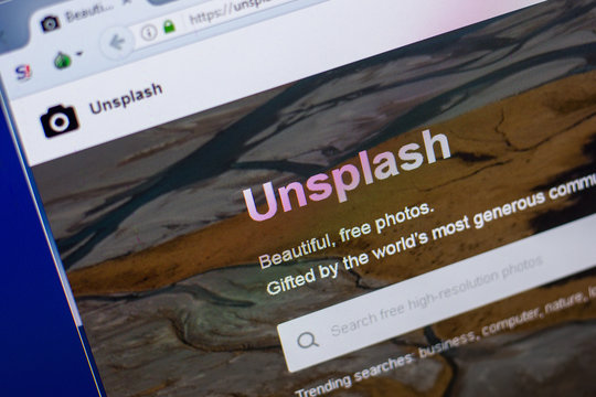 Ryazan, Russia - May 20, 2018: Homepage of Unsplash website on the display of PC, url - Unsplash.com.