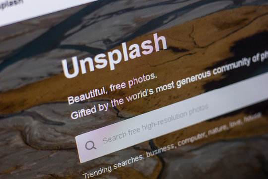 Ryazan, Russia - May 20, 2018: Homepage of Unsplash website on the display of PC, url - Unsplash.com.