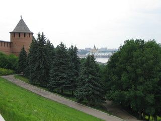 View of Alexander Nevsky Cathedral at the confluence of the Volga and Oka rivers from the Nizhny...