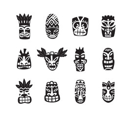 Black and white tiki mask drawing icon set isolated on white background