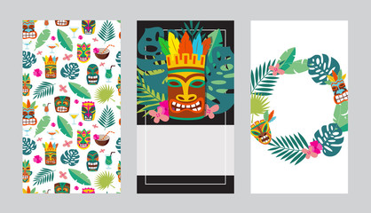Cards or invitations set for Tiki bars or party vector illustration isolated. © sabelskaya