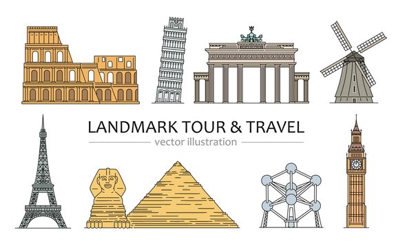 Landmarks, tour and travel icons set of vector cartoon illustrations isolated.