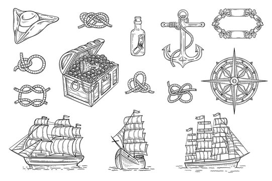 Vintage Pirate Ship And Treasure Hunt Drawing Set - Vector Illustration