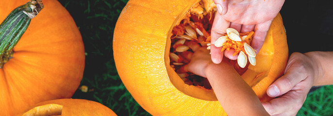 Banner with Halloween . Jack-o-Lantern. scary pumpkin with a smile