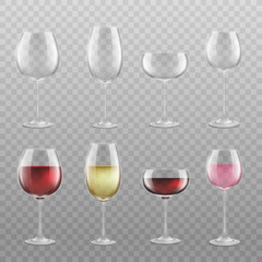 Different realistic wine glass types set with and without drink