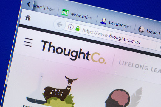 Ryazan, Russia - May 20, 2018: Homepage of Thoughtco website on the display of PC, url - Thoughtco.com.