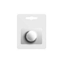 Round button cell battery in pack realistic vector mockup illustration isolated.