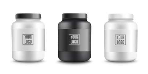 Protein powder packaging mockups set, realistic vector illustration isolated.