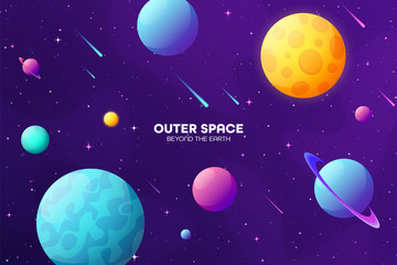 Obraz na płótnie Canvas Space futuristic modern colorful background. Night sky. Solar system, galaxy and universe exploration. Vector illustration.