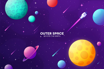 Fototapeta premium Space futuristic modern colorful background with rocket. Starship, spaceship in night sky. Solar system, galaxy and universe exploration. Vector illustration.
