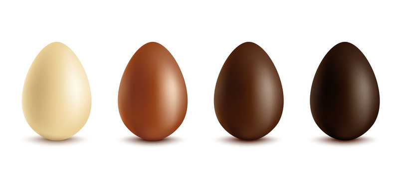 Set of white, milk and dark chocolate eggs, realistic vector illustration isolated.