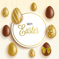 Happy Easter - holiday greeting card with gold and brown chocolate eggs