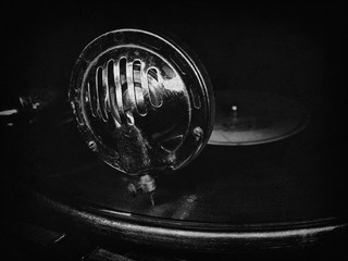 Head with an old gramophone needle on the vinyl disc © plus69
