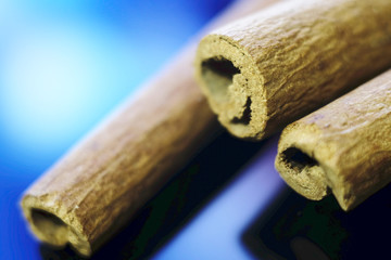 Cinnamon sticks on blue background.
