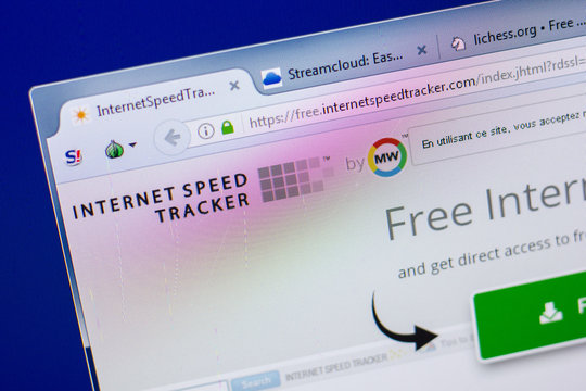Ryazan, Russia - May 20, 2018: Homepage of InternetSpeedTracker website on the display of PC, url - InternetSpeedTracker.com.