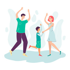 Happy dancing family - father, mother and son isolated on white background