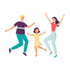 Fototapeta na wymiar Happy family jumping and smiling - cartoon parents and child dancing