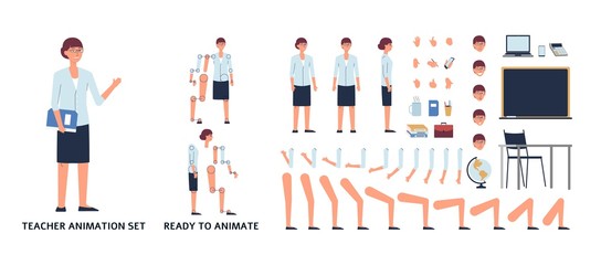 Female teacher in various poses animation set, flat vector illustration isolated.
