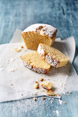 Lemon and vanilla loaf cake with powdered sugar. Home baked