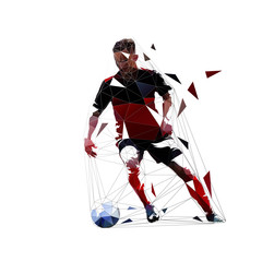 Soccer player running with ball, low poly isolated vector drawing, geometric footballer