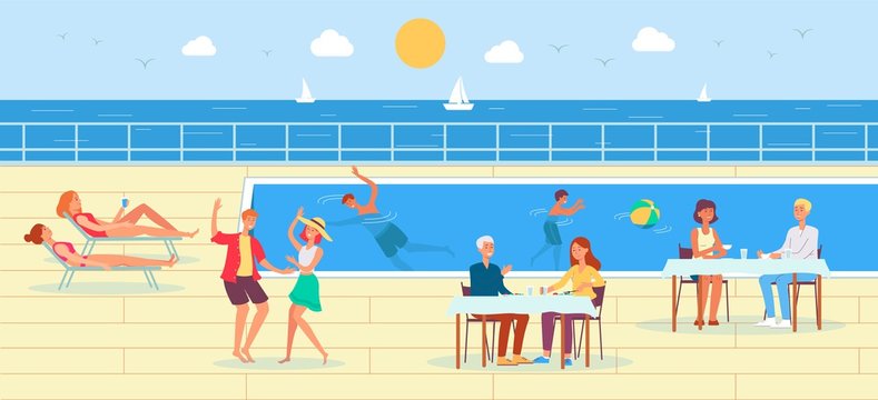 Cruise Ship Deck With People Characters Relax By Pool, Flat Vector Illustration.