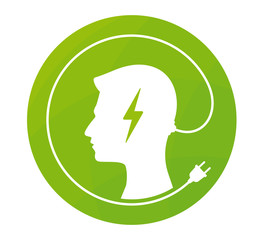 Vector green icon silhouette of a man in a circle with electric cable. Isolated on white background.