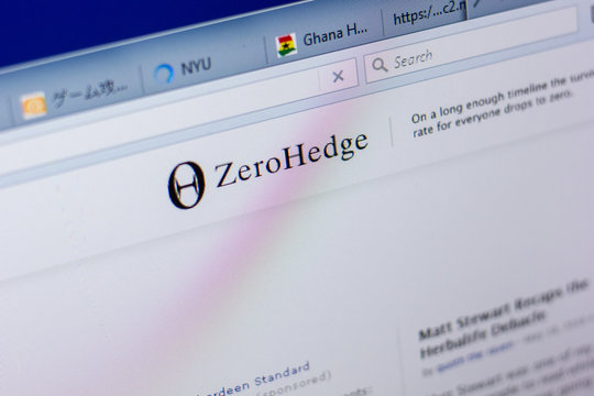 Ryazan, Russia - May 20, 2018: Homepage of ZeroHedge website on the display of PC, url - ZeroHedge.com.