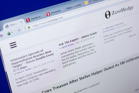 Ryazan, Russia - May 20, 2018: Homepage of ZeroHedge website on the display of PC, url - ZeroHedge.com.