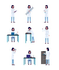 Scientist woman character in actions set of flat vector illustration isolated.