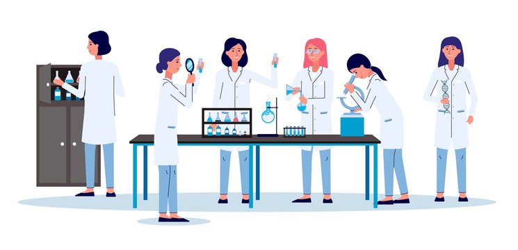 Scientists Women Or Laboratory Employees - Flat Vector Illustration Isolated.