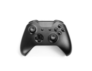 Black gamepad for playing computer games. Isolated on a white background. Close up