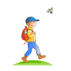 Cartoon happy boy goes on a trip to the nature. With a backpack and a cap. A bird flies nearby. Vector isolated illustration about active lifestyle.