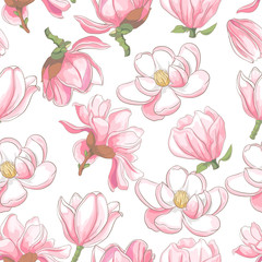 Seamless flora pattern with magnolia flowers and leaves on white background. Vector illustration