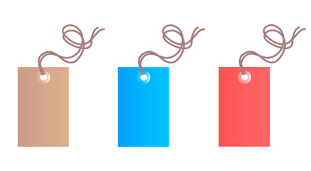 Set of three colored commodity tags with ropes. Brown, red and blue. Vector isolated illustration.