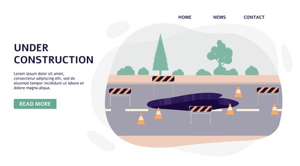 Road under construction and highway repair works banner flat vector illustration.