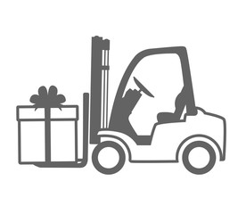 forklift icon.loader with a gift box.flat black and white design, isolated on white.