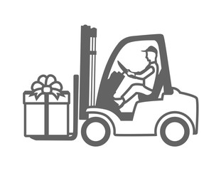 forklift with driver.loader with a gift box.flat black and white design, isolated on white.