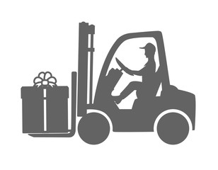 forklift with driver.loader with a gift box.flat black and white design, isolated on white.