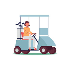 Sporty woman cartoon character drives golf car, flat vector illustration isolated.