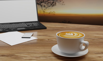 Obraz na płótnie Canvas Latte Art coffee in white cup on wooden surface table. Blur blank screen labtop , Black smartphone and white sheet on table. Copy space and work desk concept. 3D Rendering.