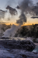 Fototapeta premium Sunset over Hot Mud Pools in Rotorua