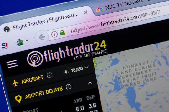 Ryazan, Russia - May 20, 2018: Homepage of FlightRadar24 website on the display of PC, url - FlightRadar24.com.