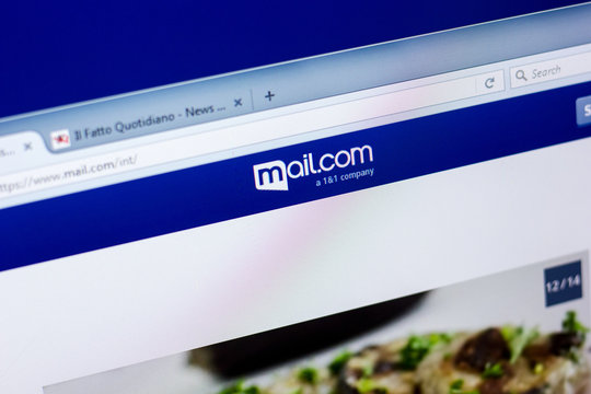 Ryazan, Russia - May 27, 2018: Homepage of Mail website on the display of PC, url - Mail.com.
