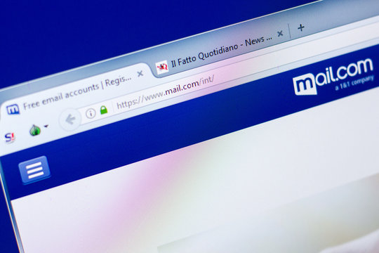 Ryazan, Russia - May 27, 2018: Homepage of Mail website on the display of PC, url - Mail.com.
