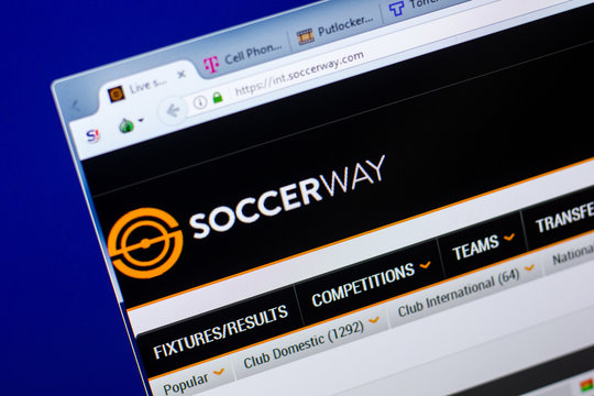 Ryazan, Russia - May 27, 2018: Homepage of SoccerWay website on the display of PC, url - SoccerWay.com.