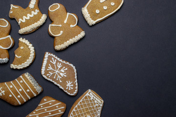 Gingerbread cookies, Christmas homemade gingerbread with empty copy space. Celebration cooking Winter concept. New year and Xmas postcard or invitation