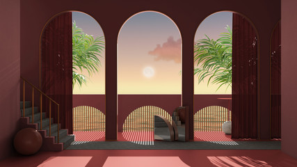 Dreamy terrace, over sea sunset or sunrise with moon and cloudy sky, tropical palm trees, archways in red stucco plaster, staircase with carpet, classic balustrade, interior design