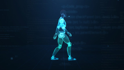Human puppet walking on virtual 3d digital space with futuristic blue hud. X-ray scan. Side view.