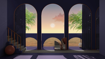 Dreamy terrace, over sea sunset or sunrise with moon and cloudy sky, tropical palm trees, archways in violet stucco plaster, staircase with carpet, classic balustrade, interior design